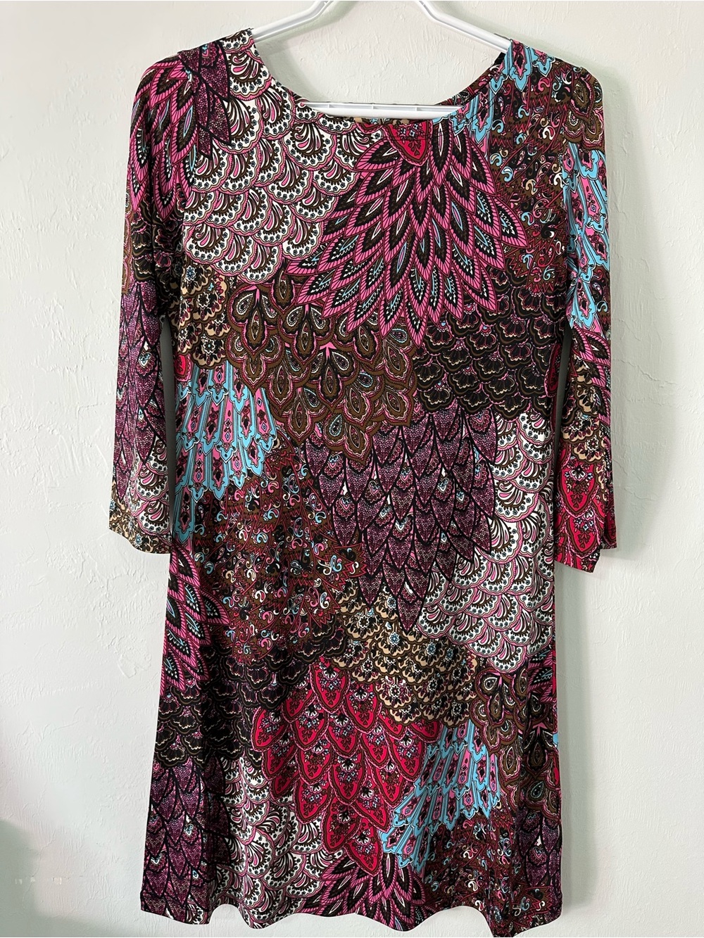 Touch Express Boho Paisley 3/4 Sleeve Jersey Shift Dress Size S